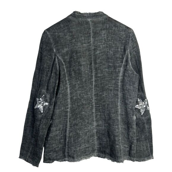 Venti6 Blazer Womens Large Gray Linen Jacket Frayed Hem Sequin Star Elbow Patch - Picture 3 of 9